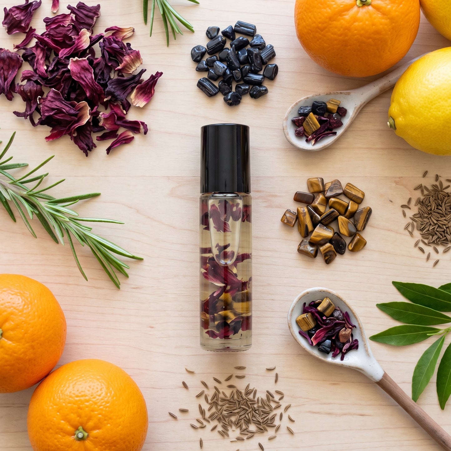 A clear cylindrical roller bottle with a black cap sits on a light wood surface, surrounded by dried hibiscus flowers, citrus fruits, rosemary, cumin seeds, and spoonfuls of botanical ingredients. The bottle contains visible dried flower petals and botanical pieces.