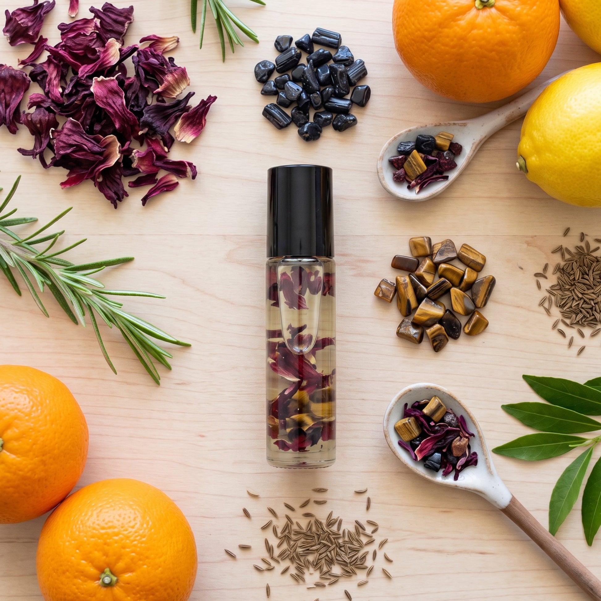 A clear cylindrical roller bottle with a black cap sits on a light wood surface, surrounded by dried hibiscus flowers, citrus fruits, rosemary, cumin seeds, and spoonfuls of botanical ingredients. The bottle contains visible dried flower petals and botanical pieces.