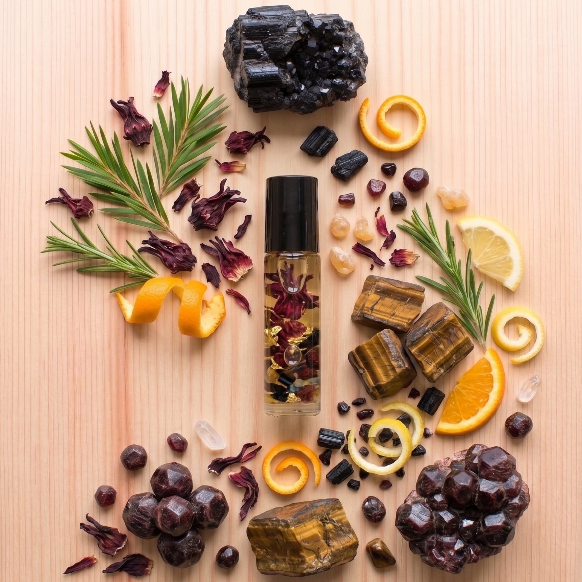 A botanical roller bottle filled with dried flowers and herbs, styled in a flat lay on a light wood background with natural ingredients including citrus slices, rosemary, dried hibiscus, crystals, and stones.