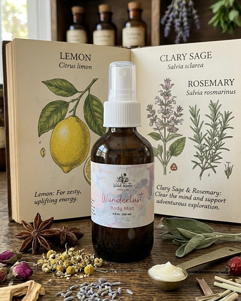 Body mist bottle with label in front of an open book about herbs on a wooden surface.