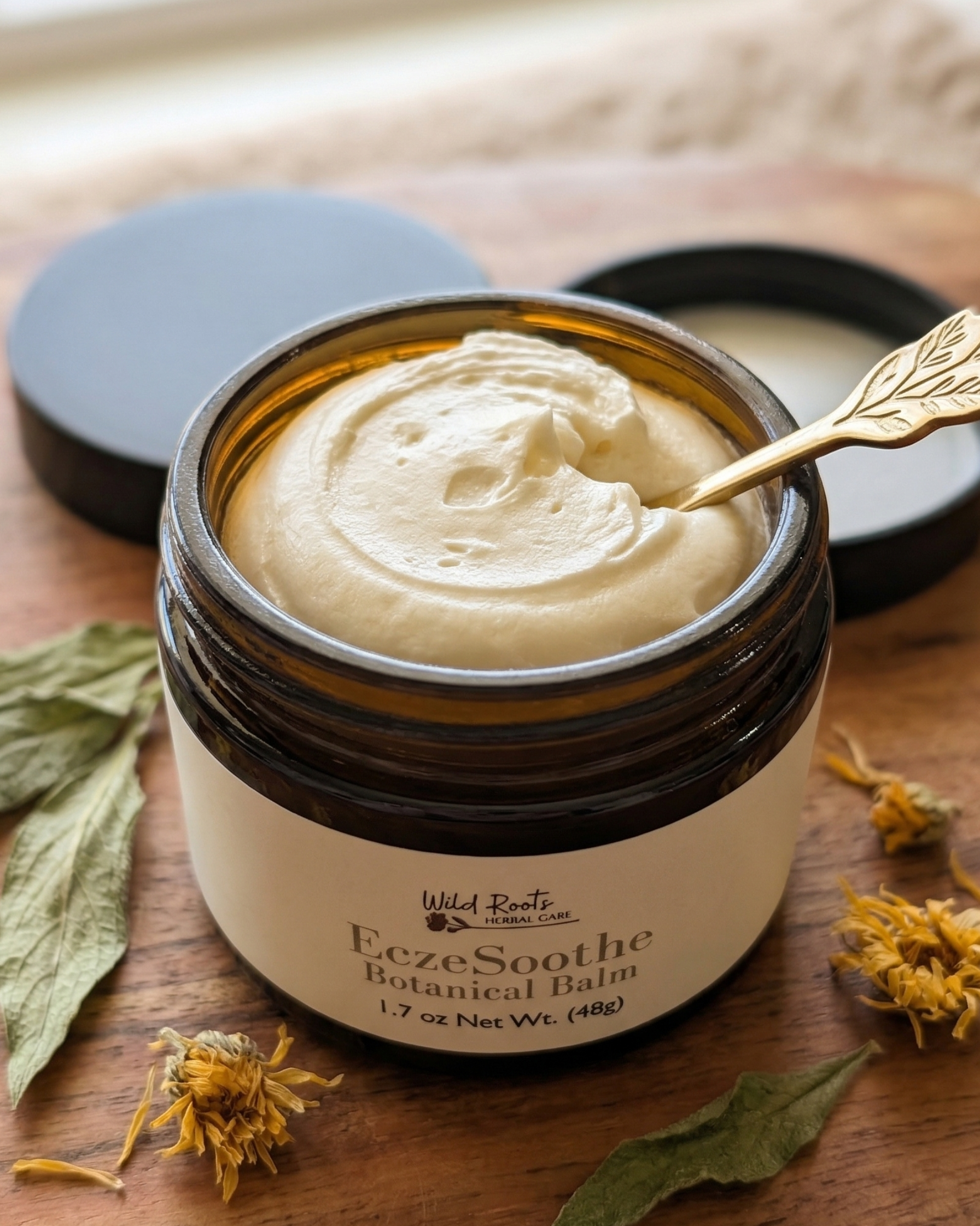 Jar of 'Eeze Soothe' Botanical Balm with a spoon on a wooden surface.
