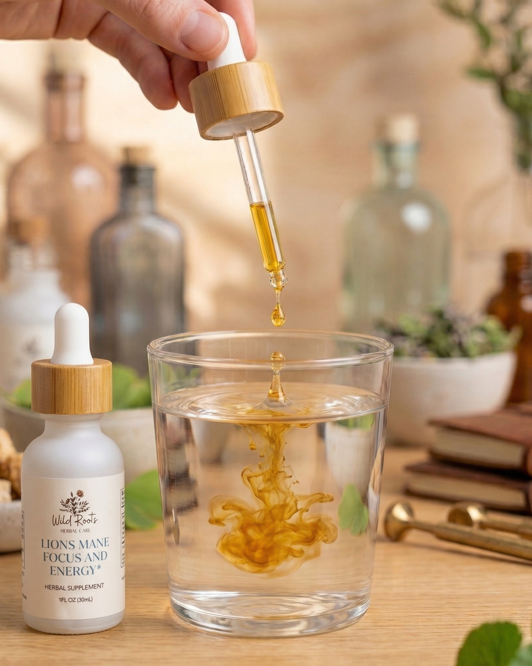 Hand dropping liquid from a dropper into a glass with a bottle labeled 'Lion Mane' in the background.