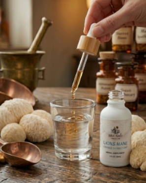 Hand using a dropper to add liquid from a bottle labeled 'Lion's Mane' into a glass on a wooden table with various bottles and natural items.