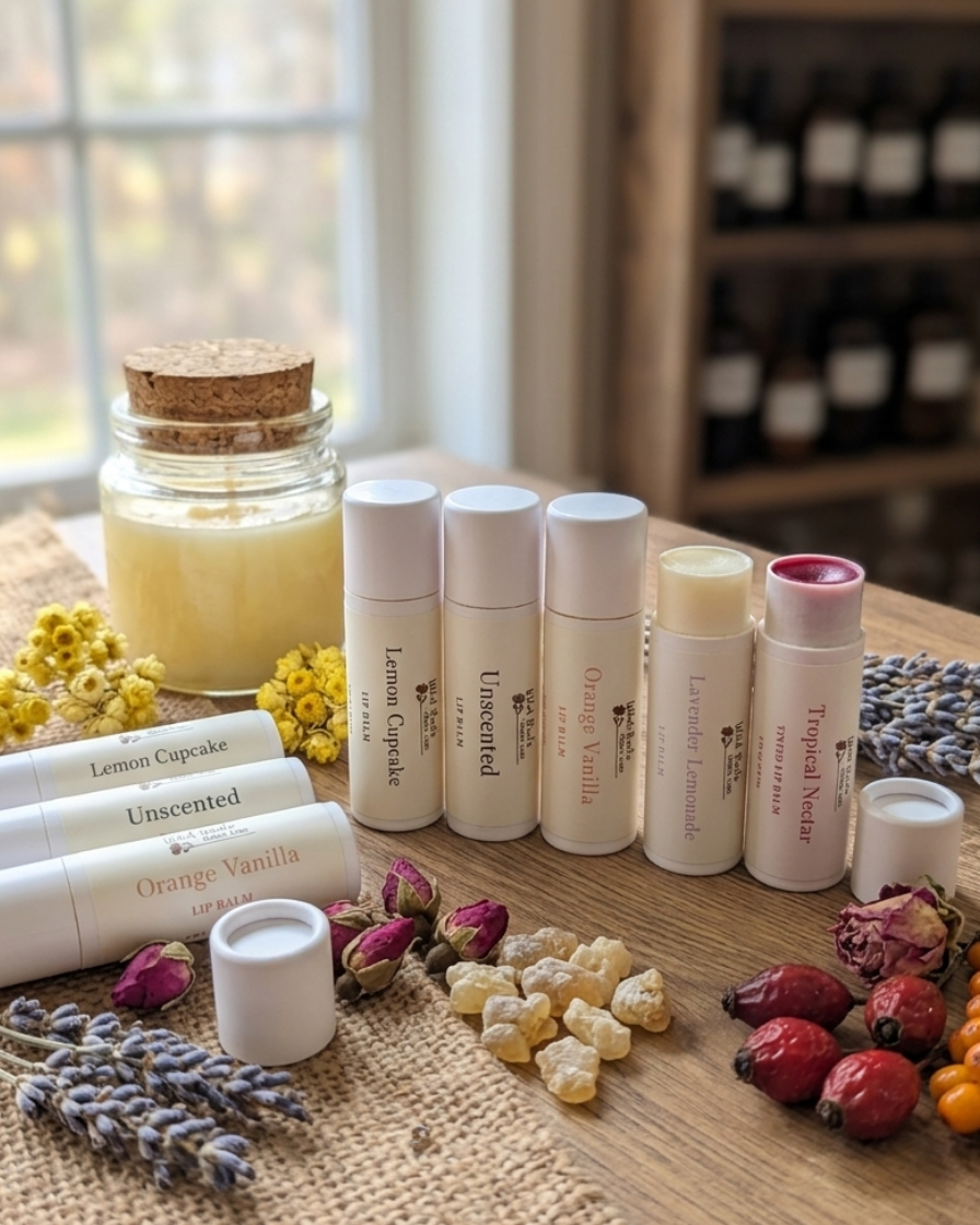 Assorted lip balm products on a wooden surface with flowers and a candle.