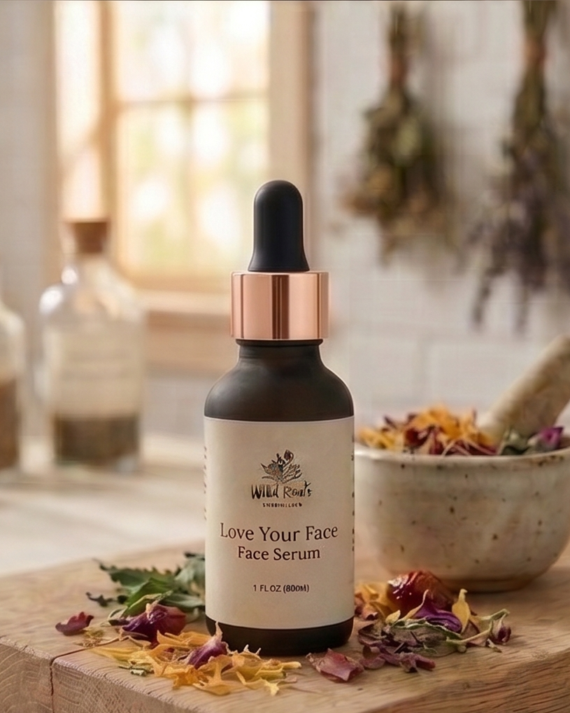 Love Your Face face serum bottle on a wooden surface with natural elements in the background