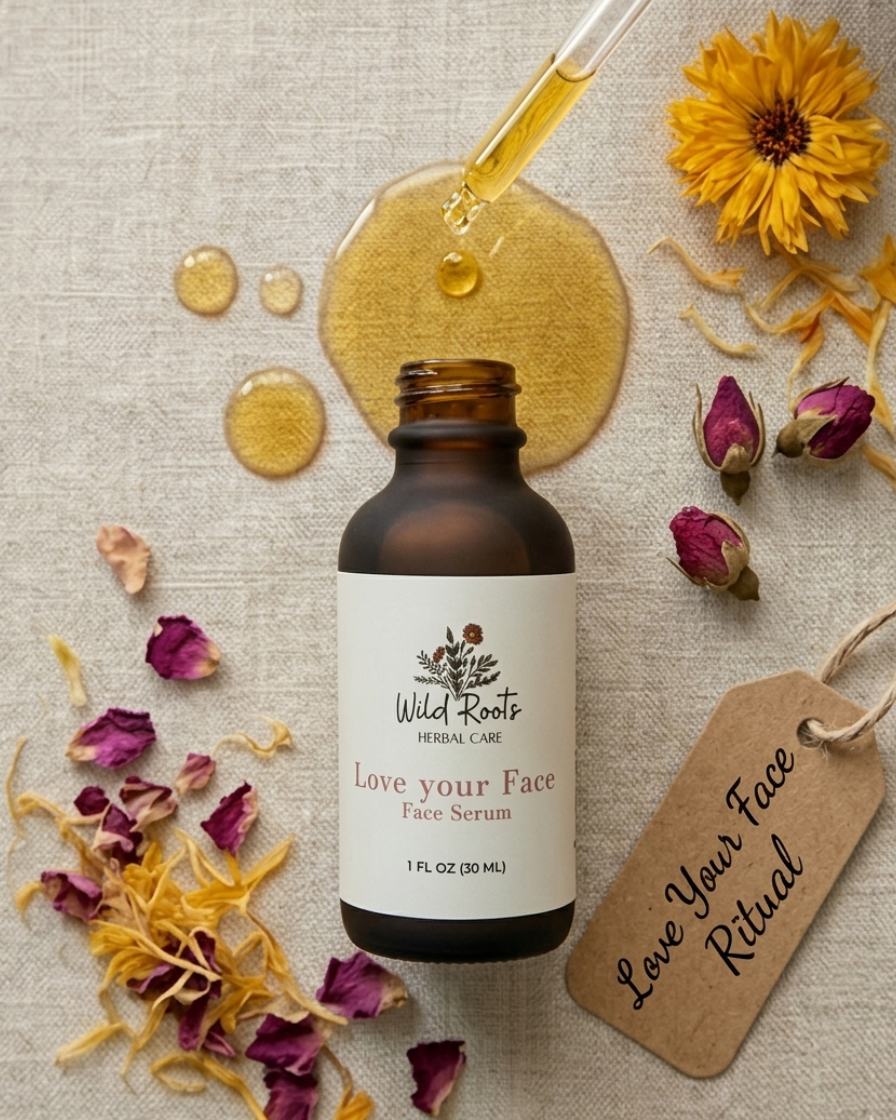 Bottle of Wild Roots Love your Face Face Serum with dropper, flowers, and tag on textured surface