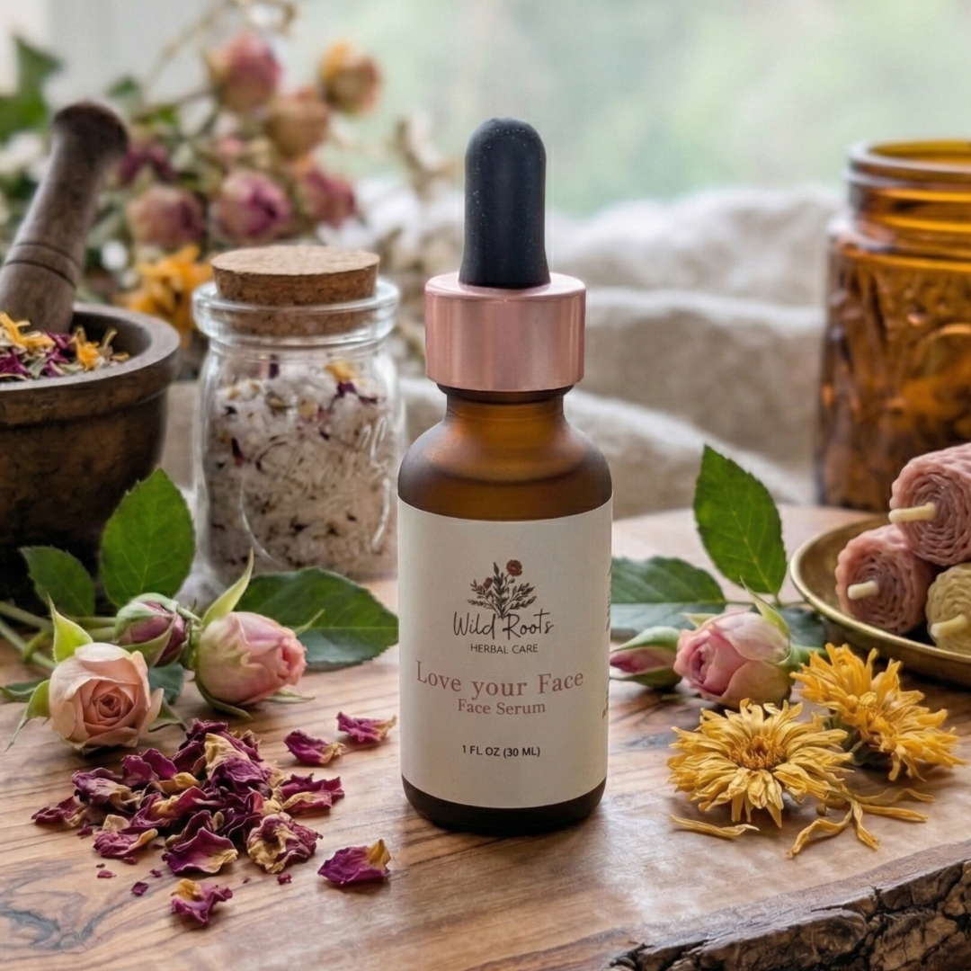 Bottle of facial serum with dropper on a wooden surface with flowers and jars in the background