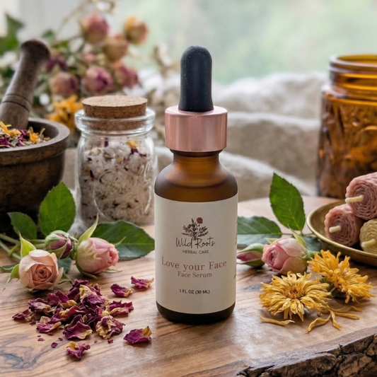 Bottle of facial serum with dropper on a wooden surface with flowers and jars in the background
