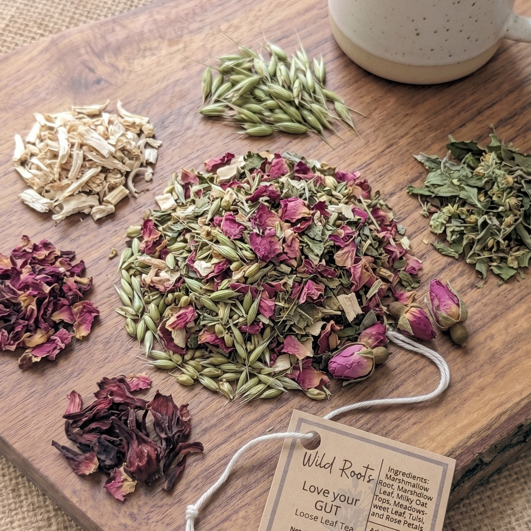loose leaf tea, marshmallow root and leaf, rose petals, medowsweet and Tulsi 
