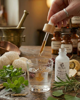 Hand using a dropper to add liquid from a bottle into a glass on a wooden table with herbs and bottles in the background.