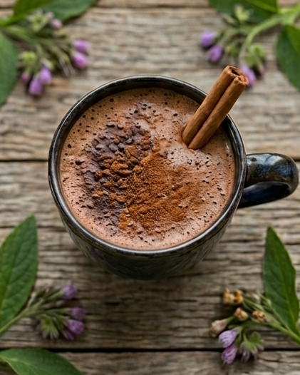 Hot chocolate in a mug with a cinnamon stick on a wooden surface with flowers and leaves.