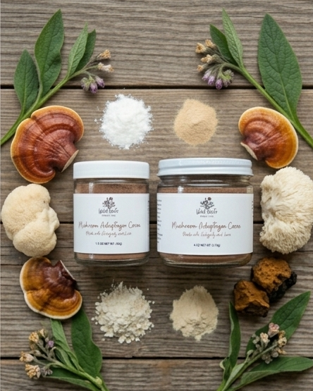 Two jars of mushroom dietary supplement cream on a wooden surface with mushrooms and leaves.