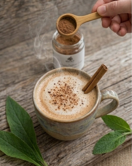 Cup of coffee with cinnamon and a jar of cinnamon on a wooden surface