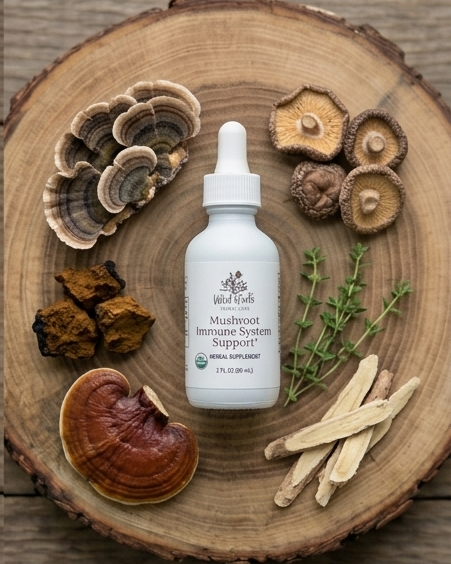 Supplement bottle labeled 'Mushroom Immune System Support' on a wooden surface with mushrooms and herbs.