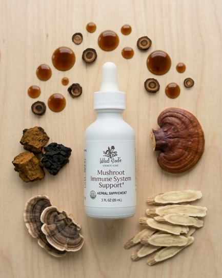 White bottle of 'Mushroom Immune System Support' on a wooden surface with dried mushrooms.