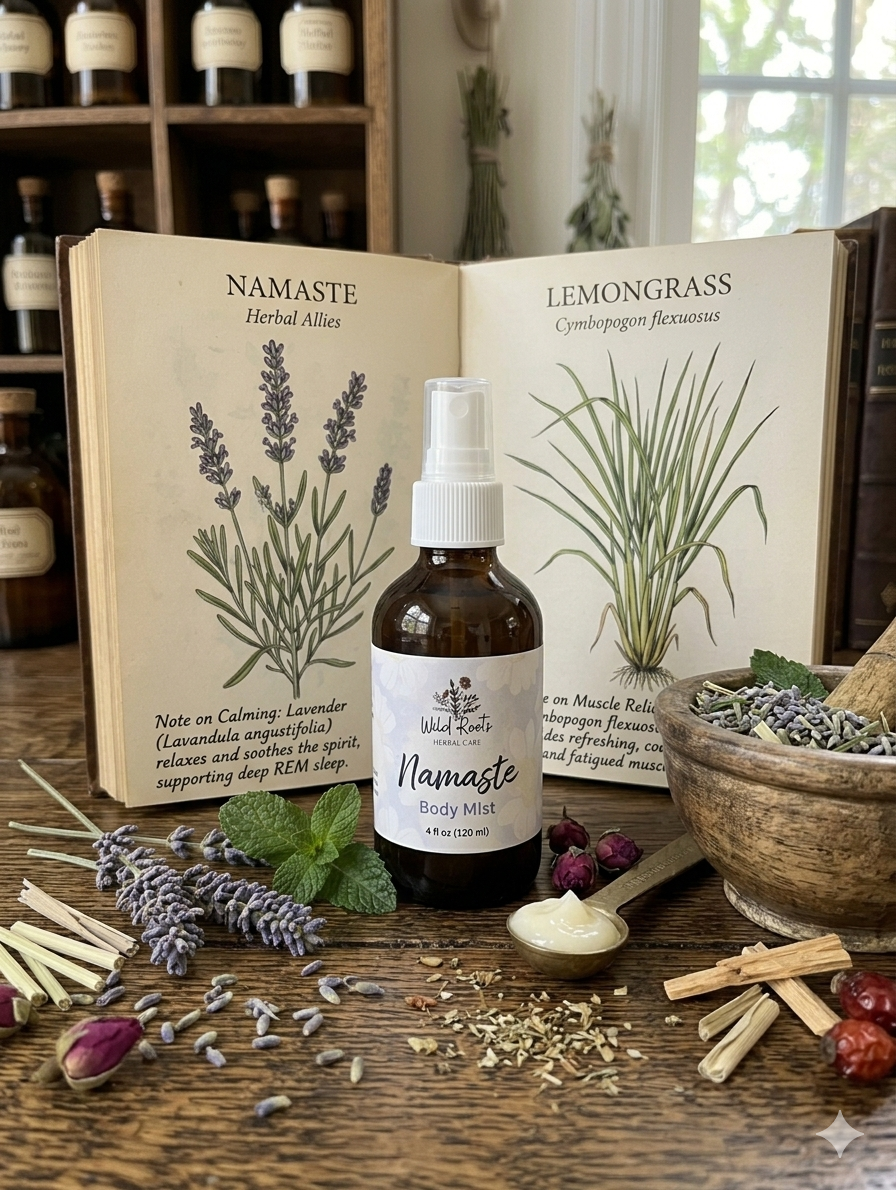 Namaste body mist bottle on a wooden surface with herbs and an open book in the background