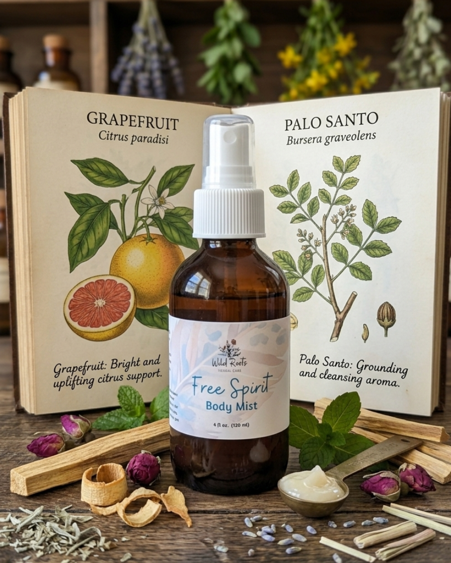 Free Spirit body mist bottle with botanical labels and herbs on a wooden surface