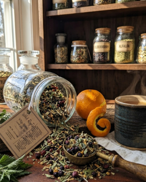 Spice jars and herbs on a wooden shelf with a rustic feel