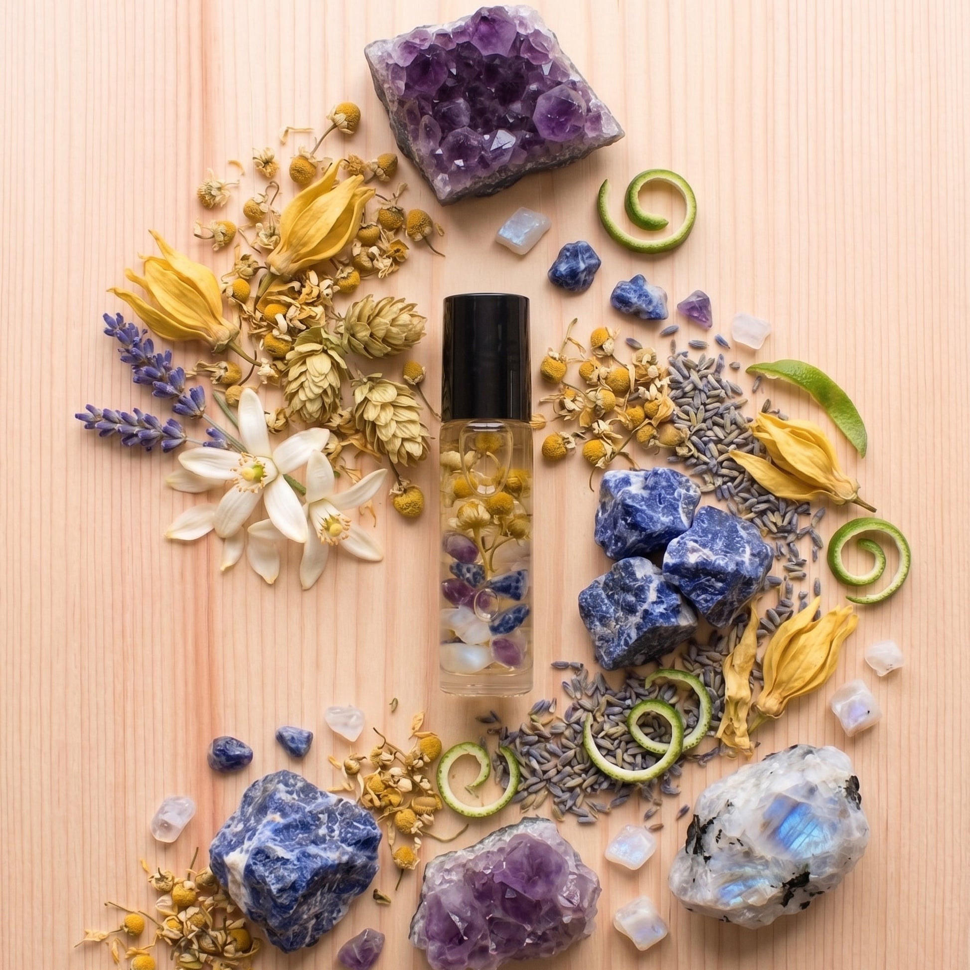 A clear glass roller bottle with a black cap, filled with dried botanicals and crystals, arranged on a light wood surface with purple, blue, yellow, and white flowers, crystals, and green curls around it.