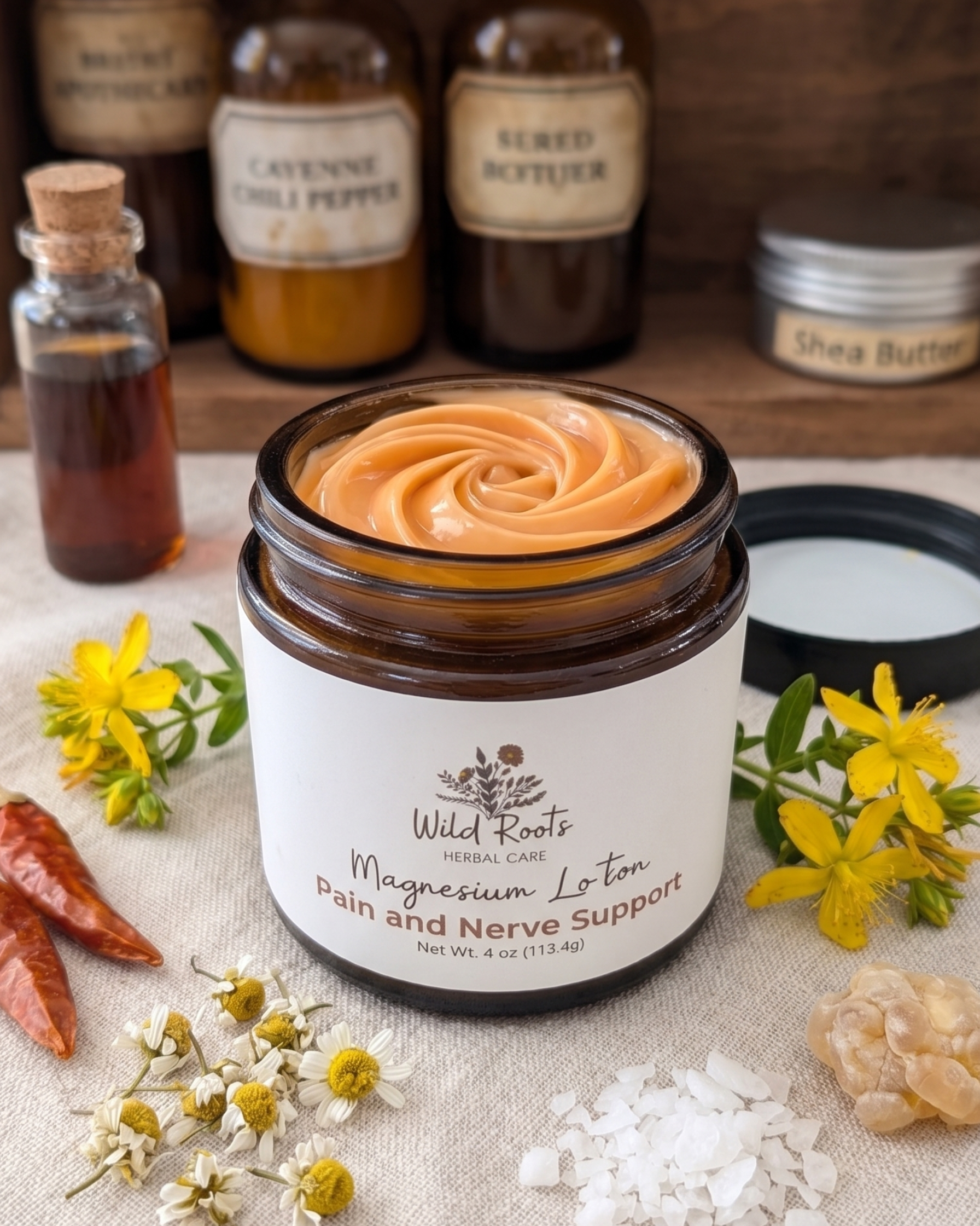 Jar of Wild Roots magnesium lotion with natural ingredients on a wooden shelf