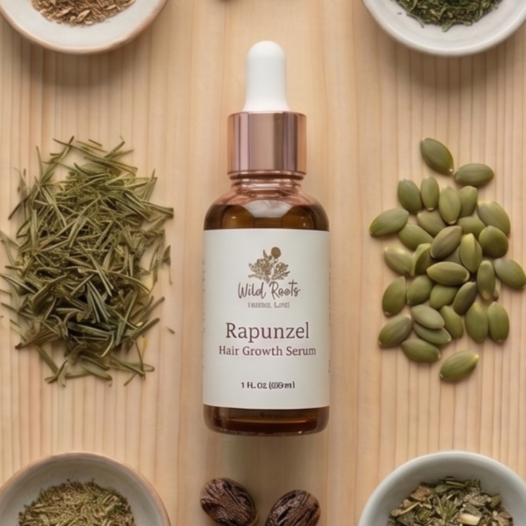 Rapunzel hair growth serum surrounded by dried herbs and seeds on a wooden surface