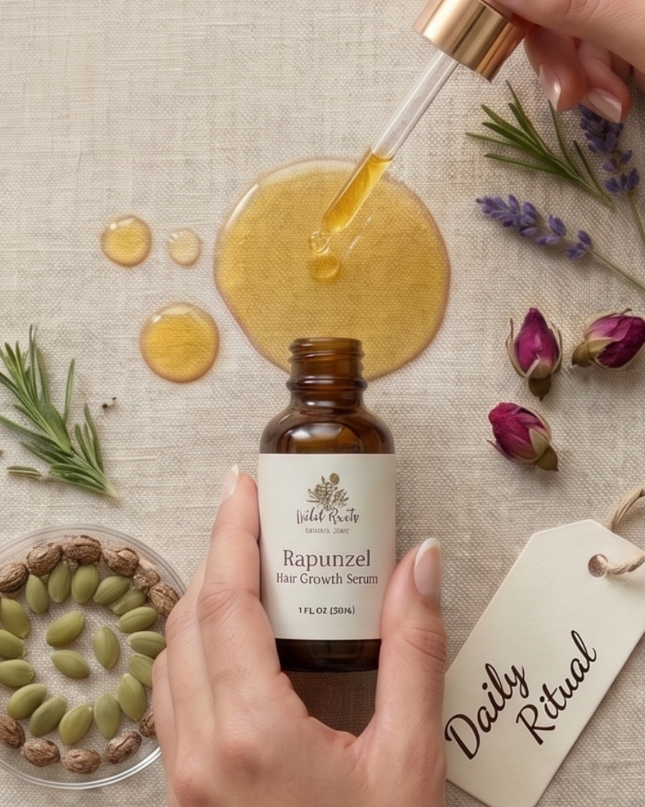 Rapunzel hair growth serum with dropper, bottle, and dried flowers on a textured surface