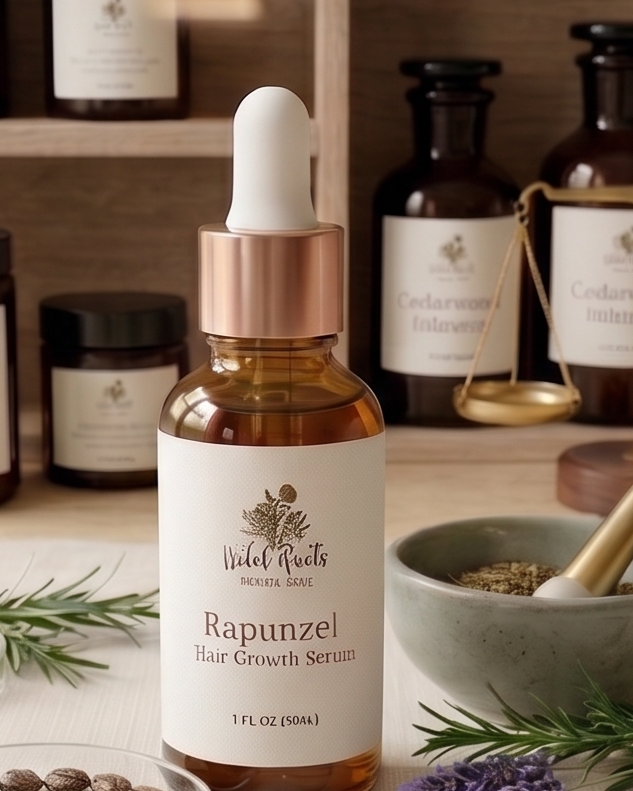 Rapunzel hair growth serum bottle with dropper on a wooden shelf with other bottles and herbs.