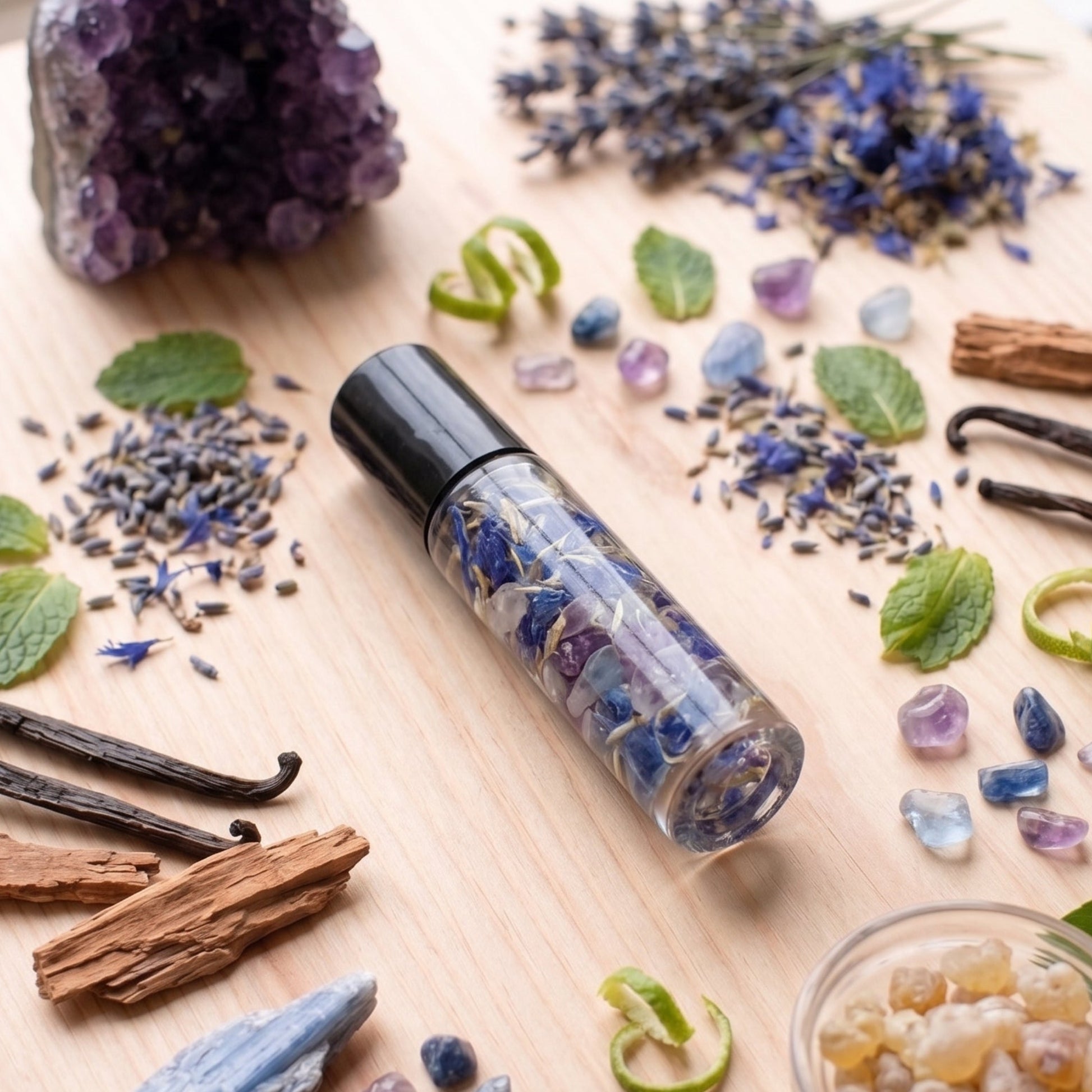 A clear cylindrical roller bottle filled with dried lavender buds and blue flowers, styled on a light wood surface with lavender sprigs, crystals, vanilla beans, cinnamon sticks, mint leaves, and a purple geode.