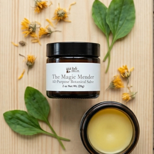 Collage of natural skincare products with leaves and herbs on wooden surfaces