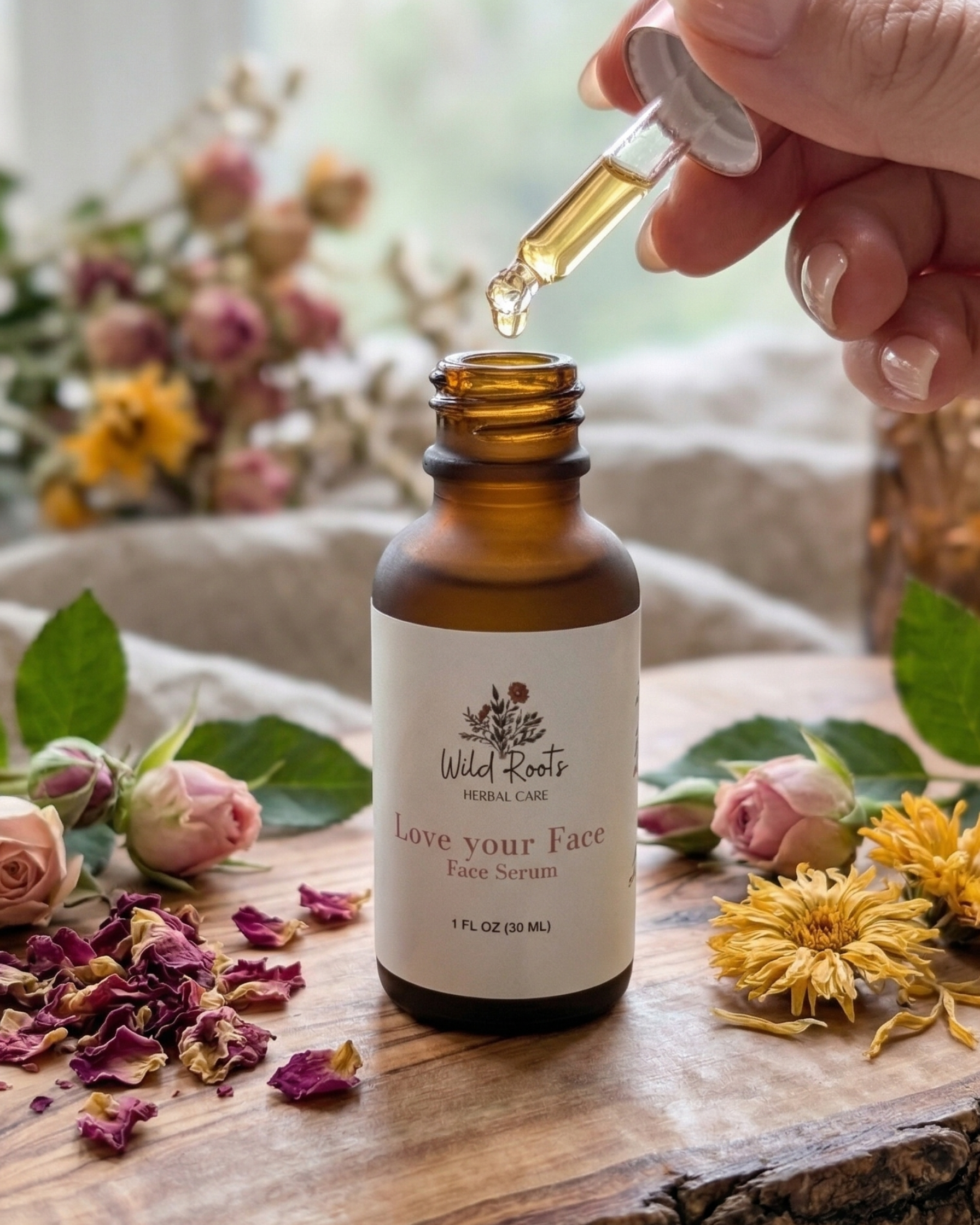 Hand using a dropper to add liquid to a bottle labeled 'Love Your Face' on a wooden surface with flowers.