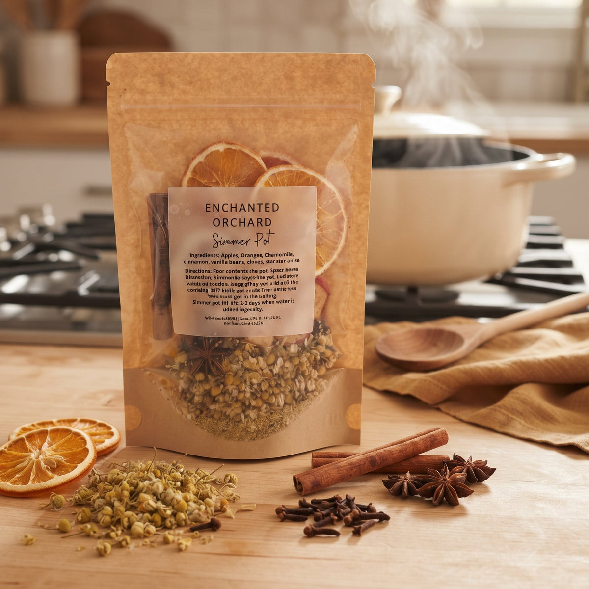 A stand-up pouch of Enchanted Orchard Gingerroot Pot herbal tea sits on a wooden countertop in a warm kitchen setting, with dried orange slices, cinnamon sticks, star anise, and loose herbal ingredients arranged around it. A pot with steam is blurred in the background.