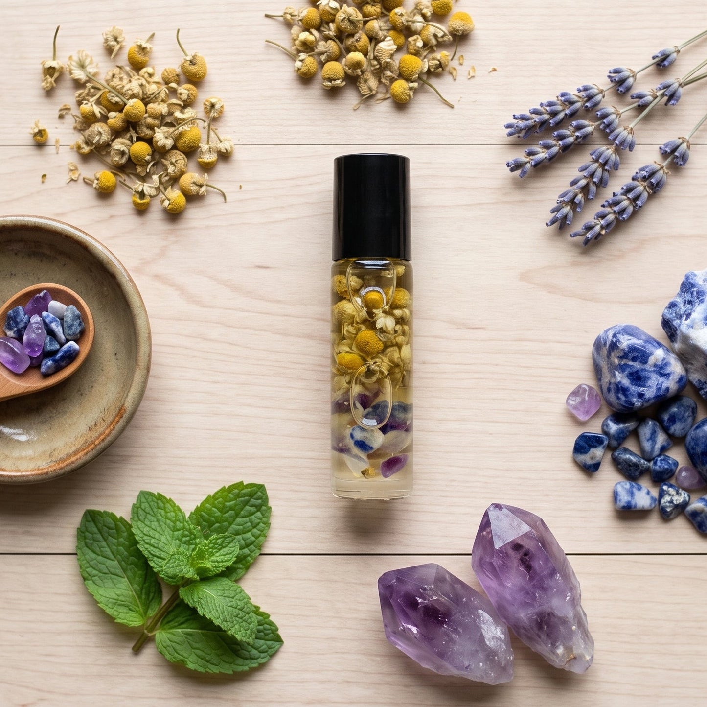 A clear cylindrical roller bottle filled with yellow and purple botanical pieces, arranged on a light wood surface with dried chamomile flowers, lavender sprigs, blue stones, purple crystals, mint leaves, and a small bowl with a wooden spoon.