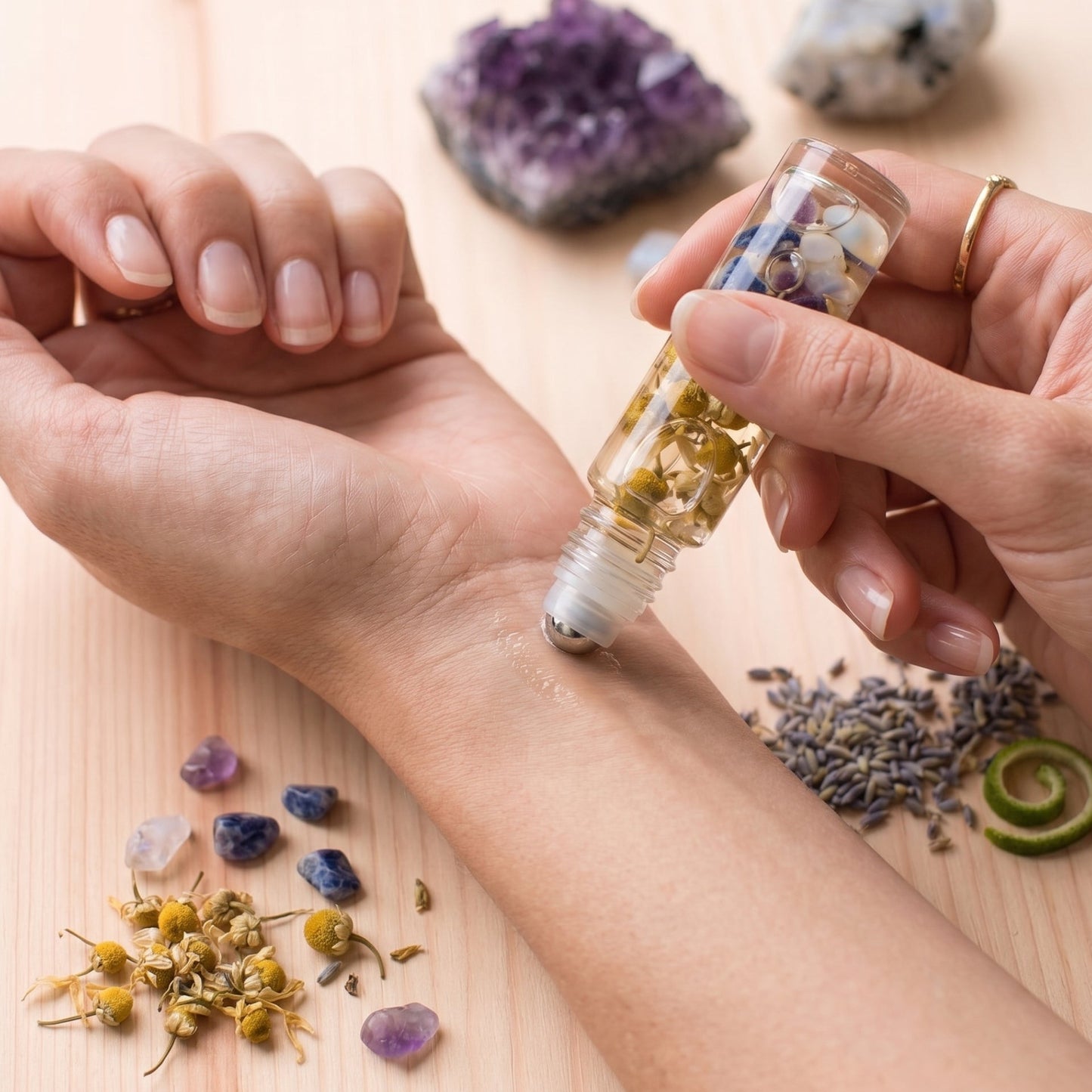 roll on sleep, night time essential oil infused with moonstone, amethyst, sodolite 