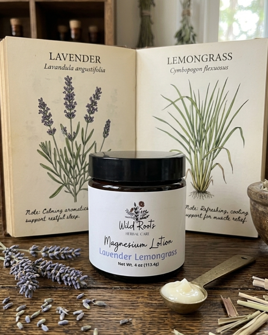 Lavender and lemongrass themed products on a wooden surface with books in the background.