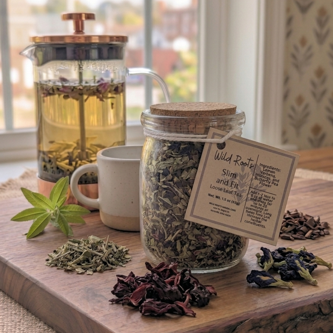 Jars of dried herbs, a French press with tea, and a mug on a wooden board.