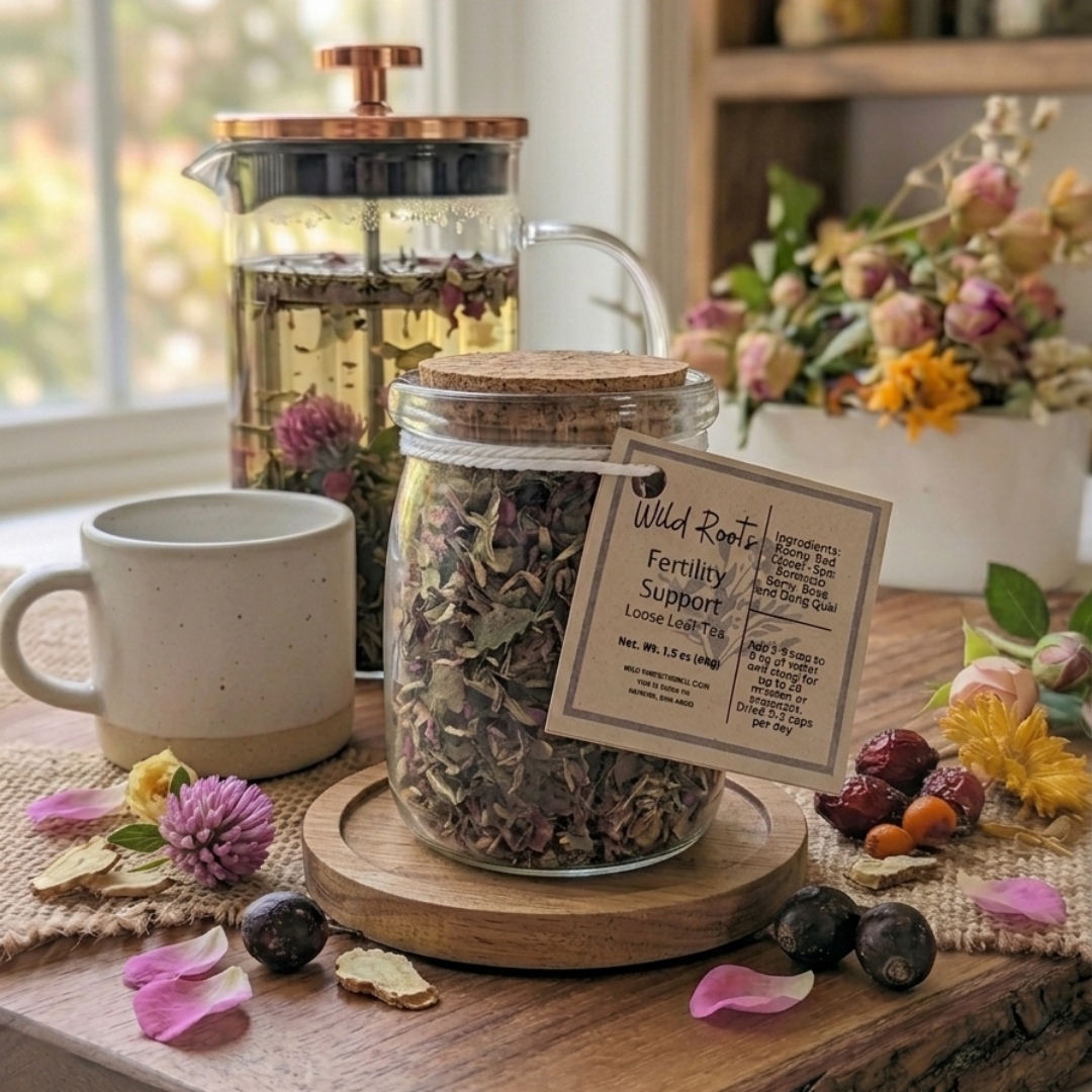 Jar of dried herbs with a label on a wooden surface, surrounded by flowers and a mug.