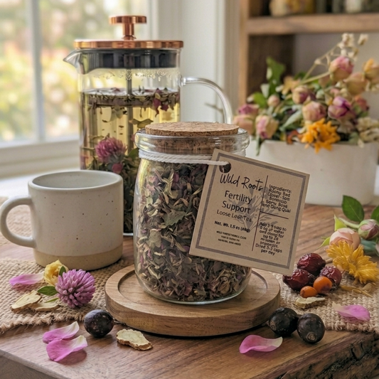 Jar of dried herbs with a label on a wooden surface, surrounded by flowers and a mug.