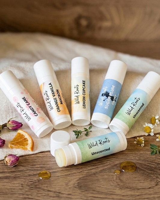 set of tallow lip balm , candy cane, orange vanilla, lemon cupcake , sugar plum 