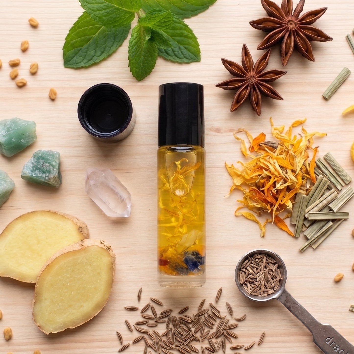 A clear cylindrical roller bottle filled with golden yellow liquid, arranged on a light wood surface with botanical and spice ingredients including mint leaves, star anise, ginger slices, cumin seeds, orange blossoms, and a small metal scoop.