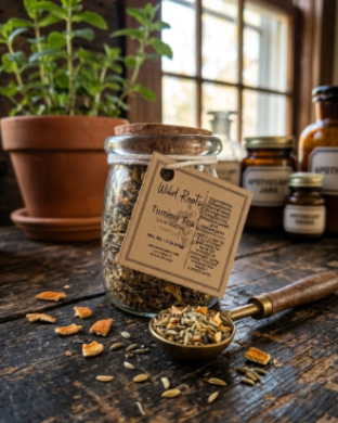 Jar of dried herbs with a label on a wooden surface, surrounded by other jars and a plant.