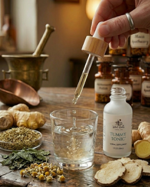 Person dropping liquid from a dropper into a glass with various herbs and bottles on a wooden surface.