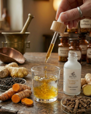 Hand using a dropper to add liquid into a glass on a wooden table with various herbs and bottles in the background.