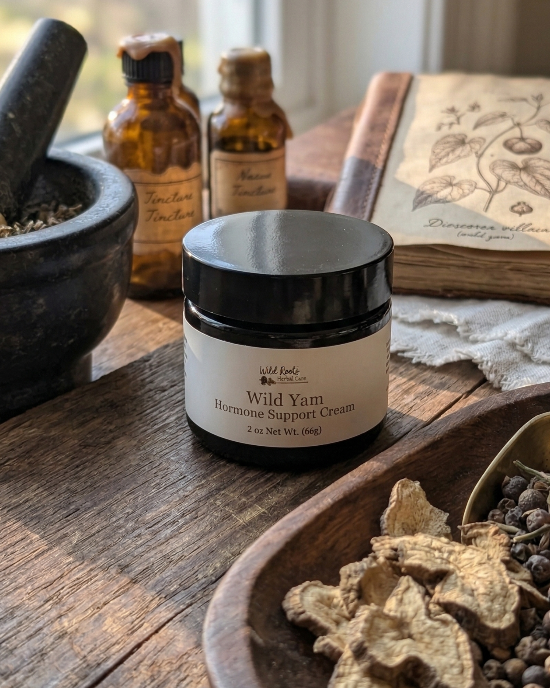 Jar of 'Wild Yam' cream on a wooden table with herbs and a mortar and pestle.