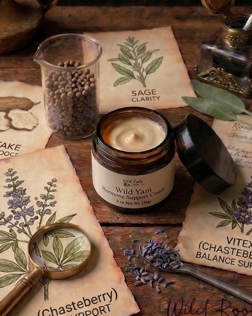 wild yam lotion on wooden desk with ingredient notes 