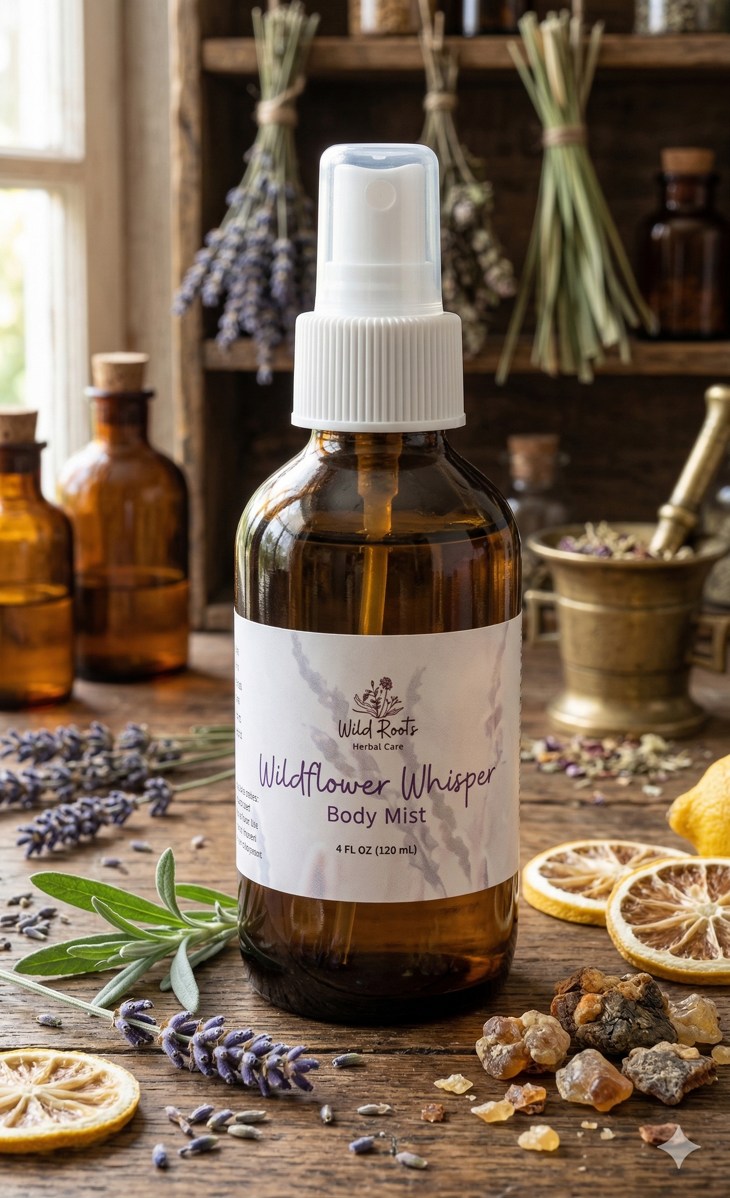 Body mist bottle with lavender and lemon on a wooden surface