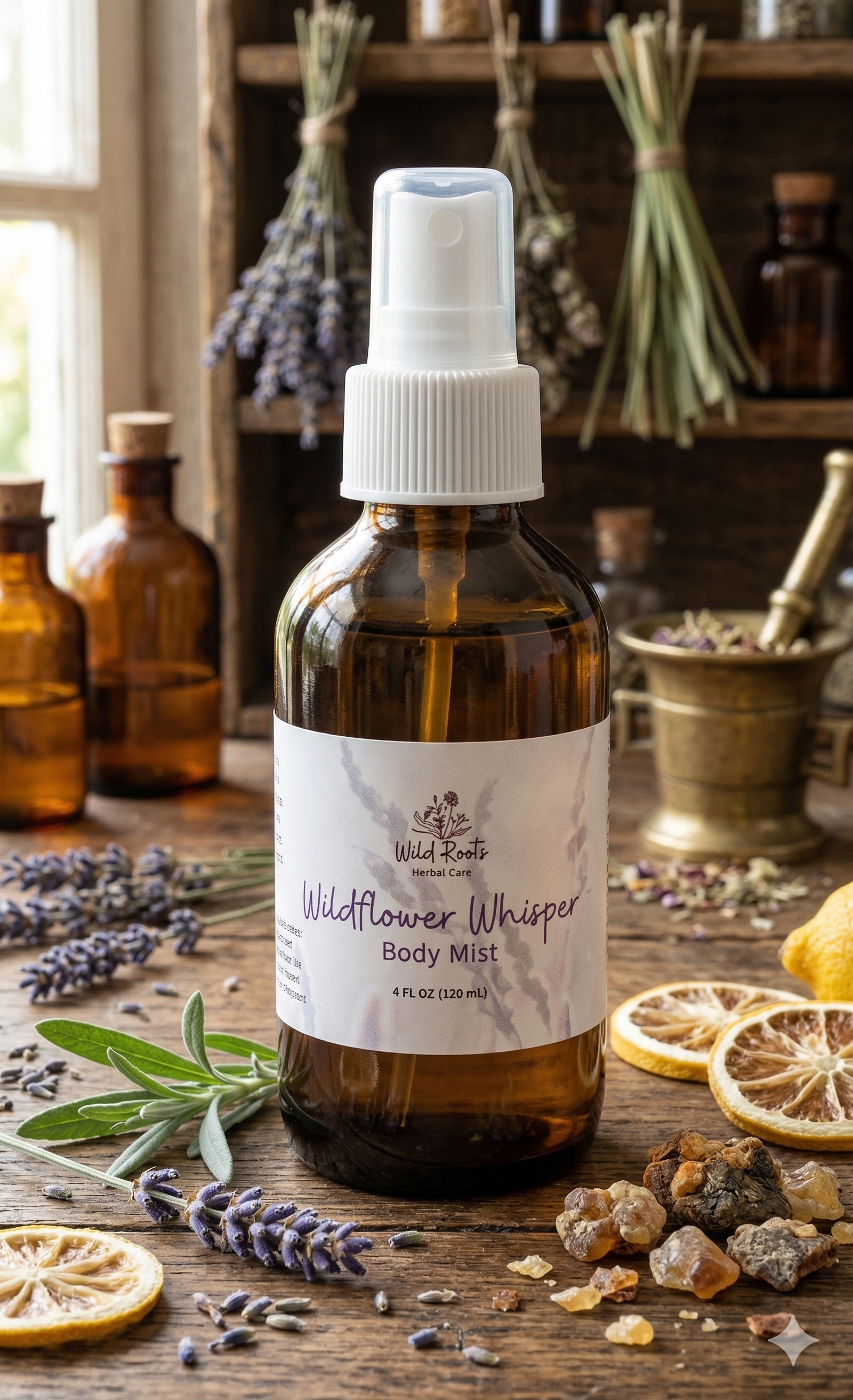 Body mist bottle with lavender and lemon on a wooden surface