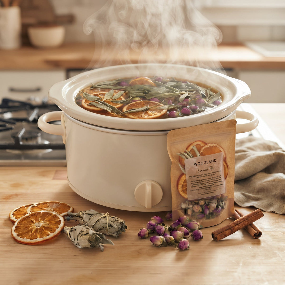 A white ceramic slow cooker filled with steaming herbal tea sits on a wooden countertop in a kitchen setting. A kraft pouch labeled Woodland Herbal Tea sits beside it, with dried orange slices, herbs, and cinnamon sticks arranged around it.